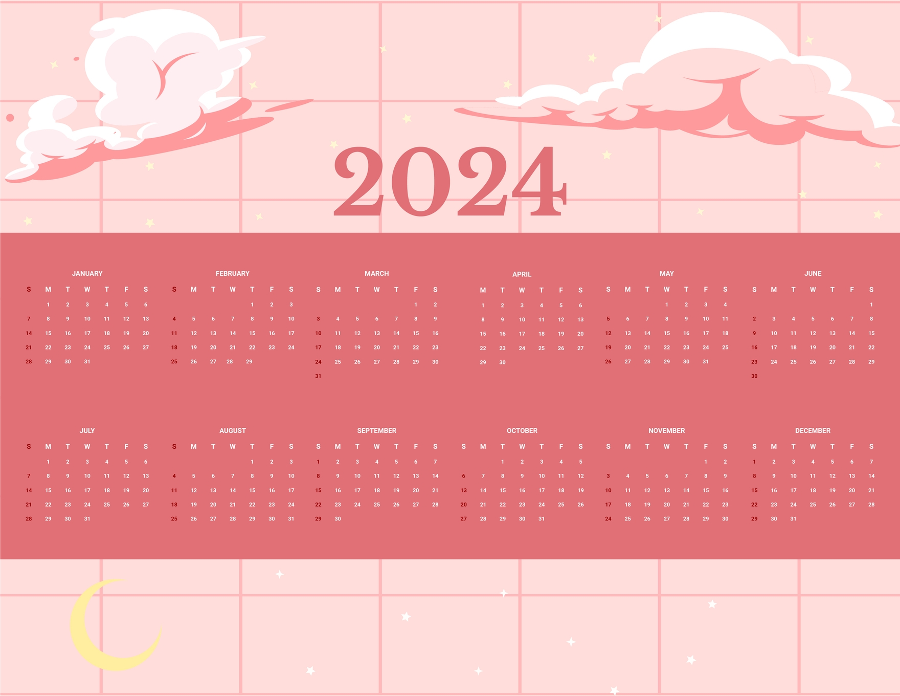 Cute Year 2024 Calendar in EPS, Illustrator, JPG, Word, SVG, Google Docs - Download | Template.net