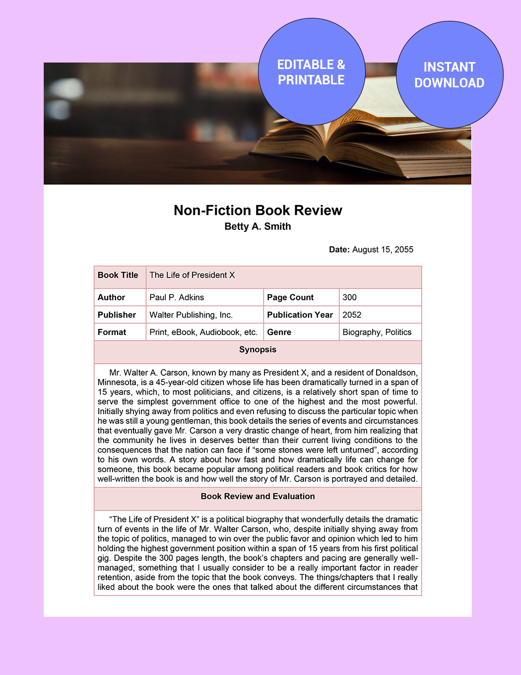 Non Fiction Book Review Template