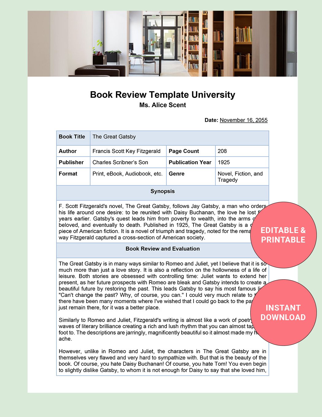Book Review Template University