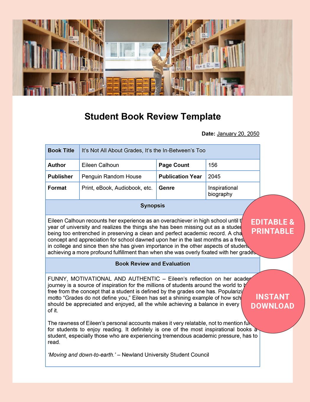 Student Book Review Template
