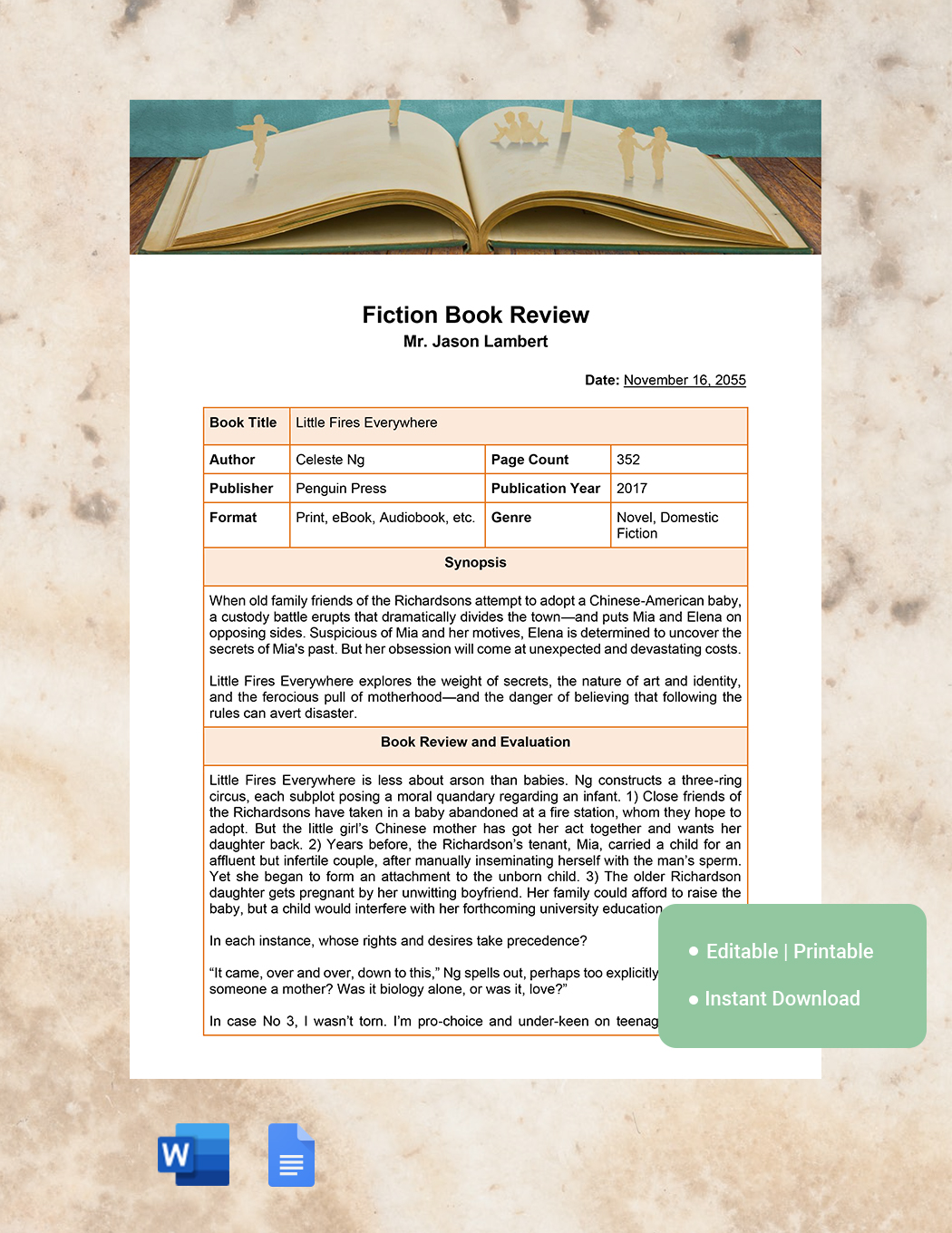 fiction book review template