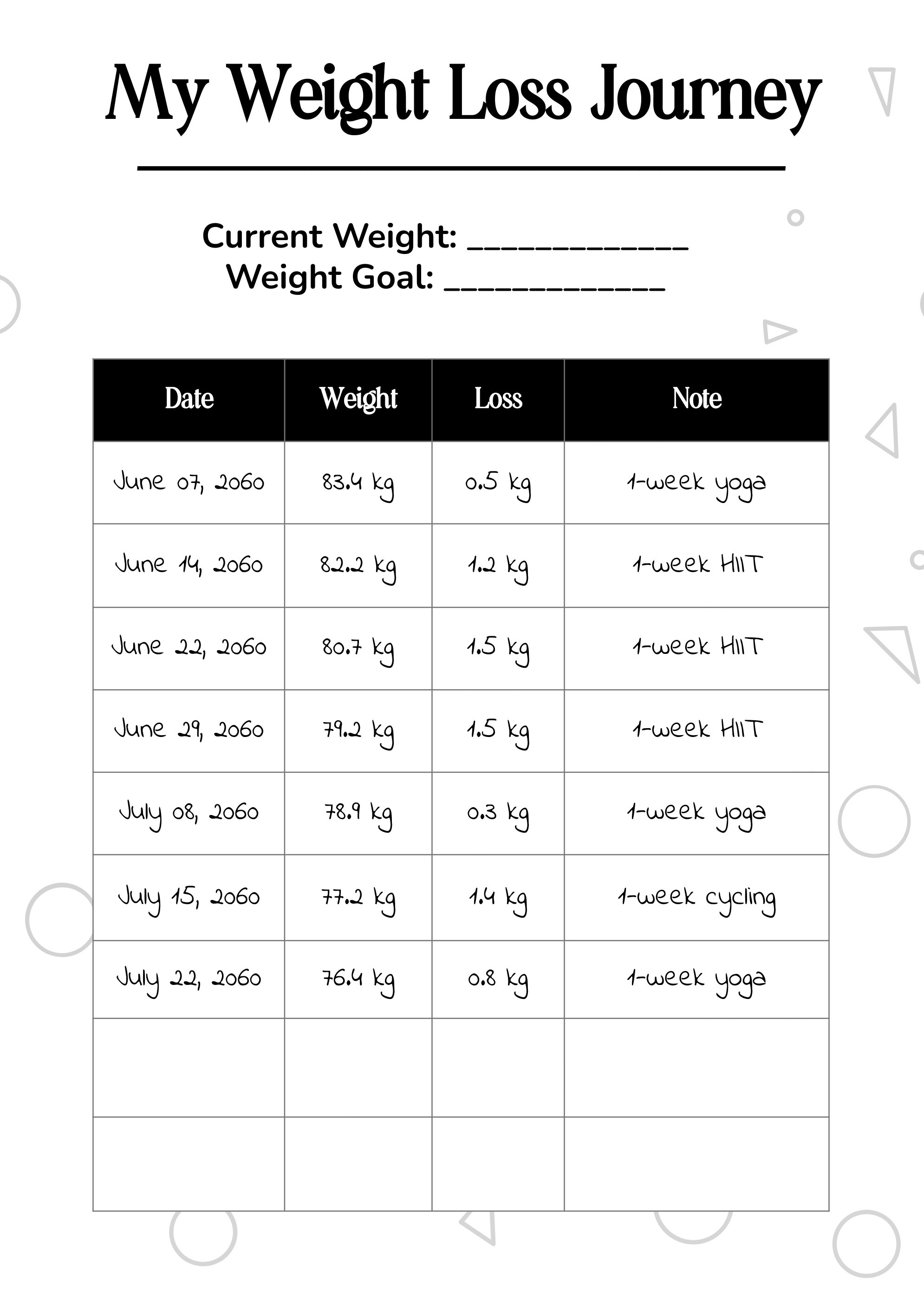 Kilogram Weight Loss Chart in PDF, Illustrator