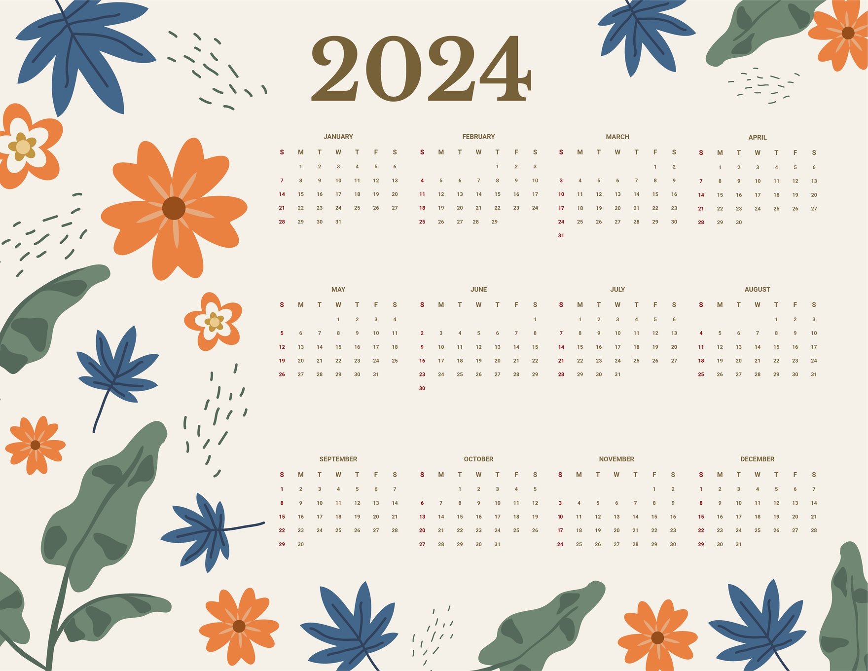 Floral Year 2024 Calendar in Google Docs, EPS, Illustrator, JPG, Word