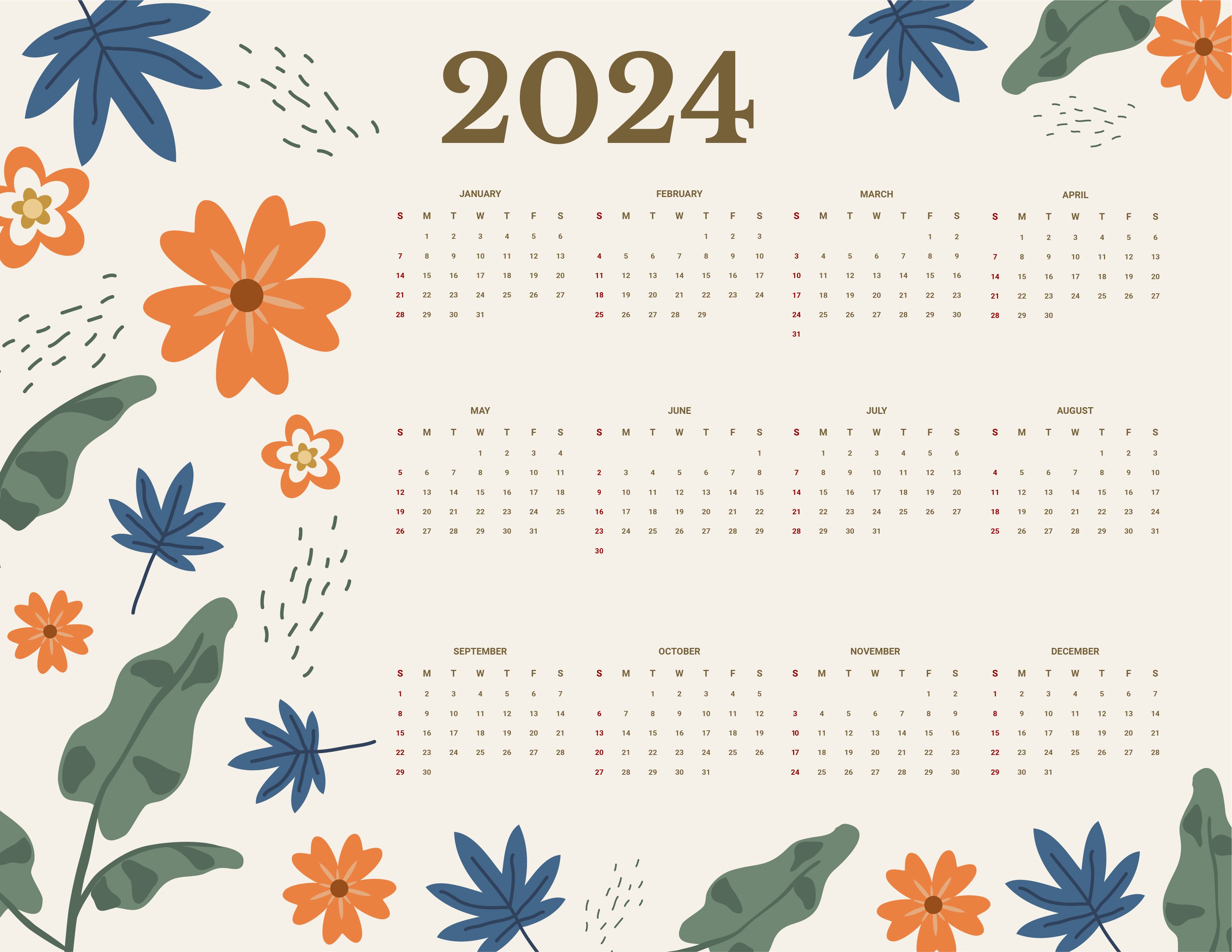 Floral Year 2024 Calendar in Google Docs, EPS, Illustrator, JPG, Word, SVG  - Download