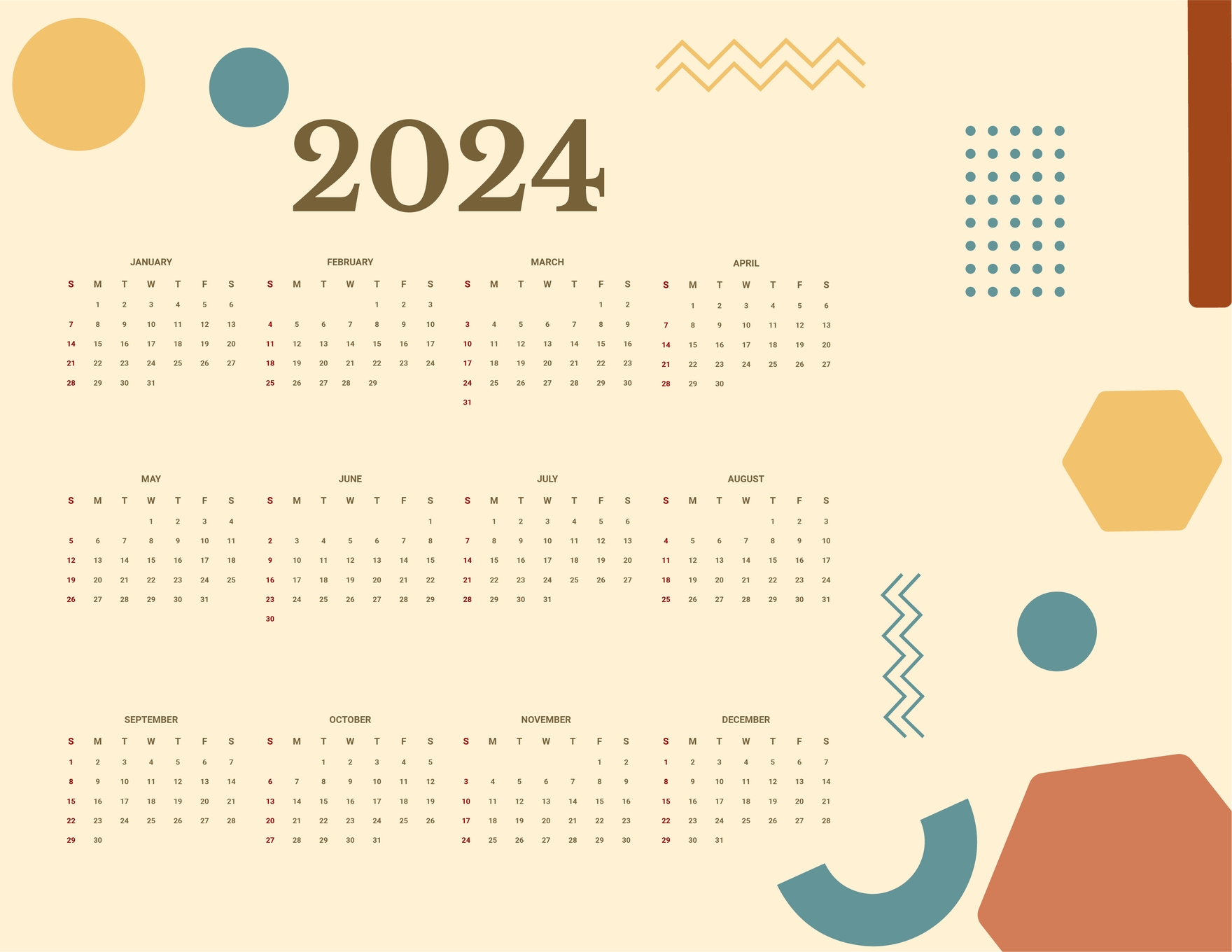 Free Printable Year 2024 Calendar Download In Word Google Docs 