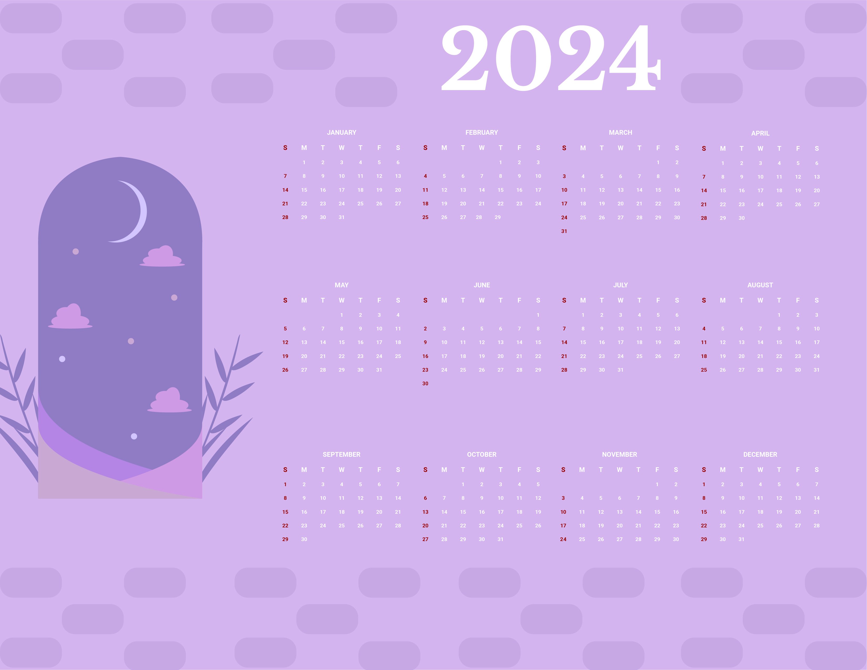 Free Pretty Year 2024 Calendar 01 