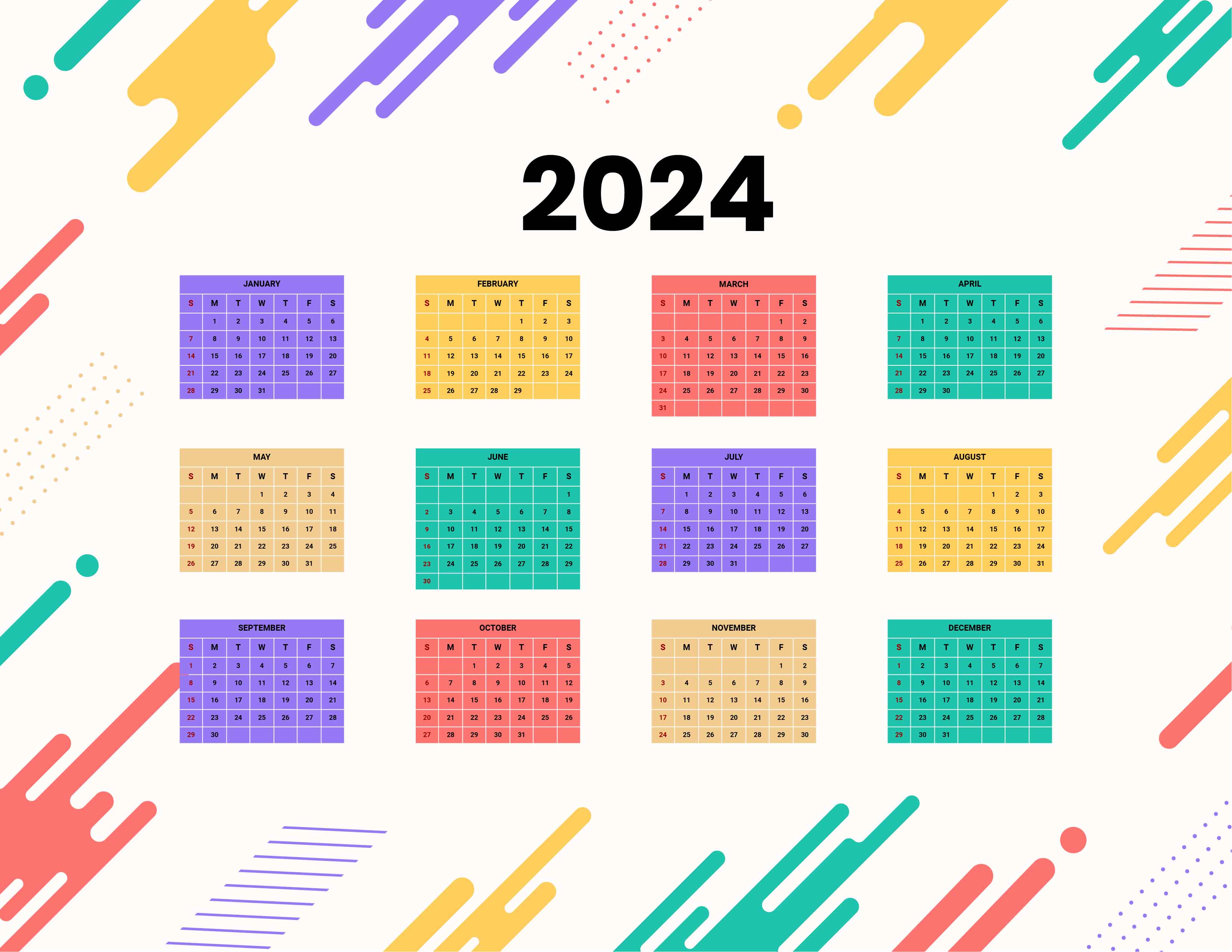 Colorful Year 2024 Calendar in EPS, Illustrator, JPG, Word, SVG, Google  Docs - Download