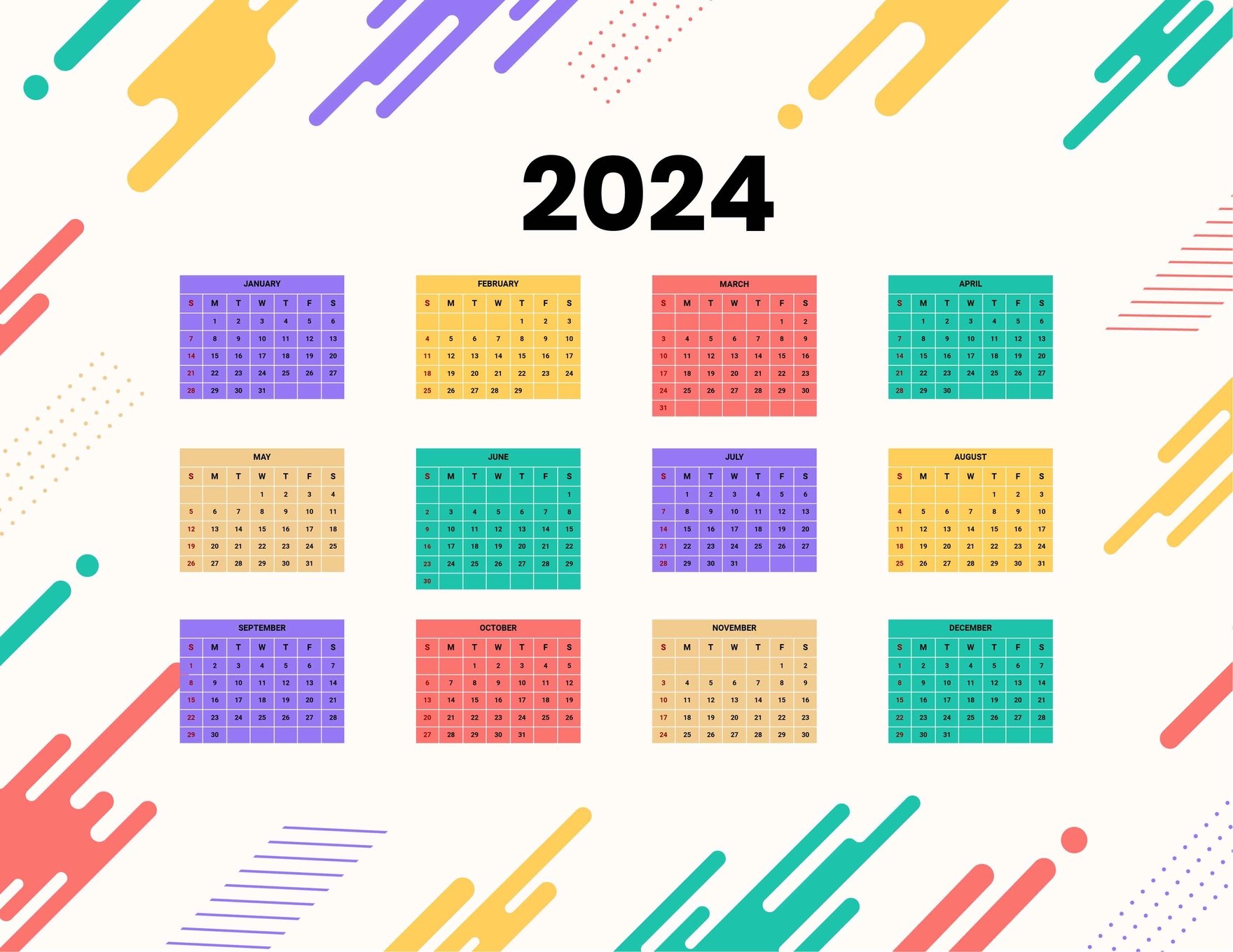 Colorful Year 2024 Calendar