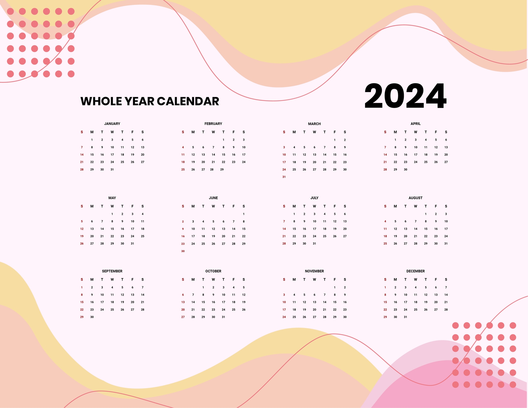 Blank Year 2024 Calendar in EPS, Illustrator, JPG, Word, SVG, Google