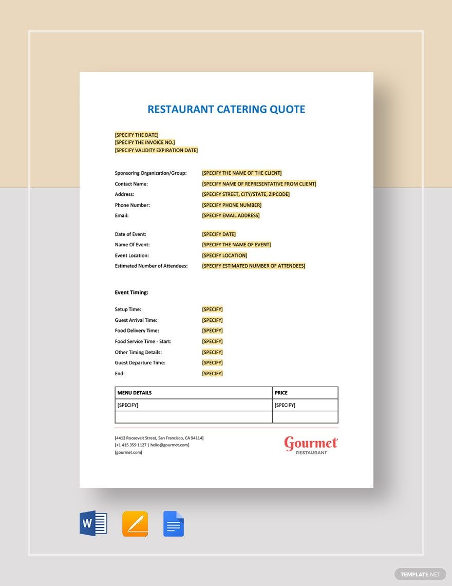 Catering Quote Template in Google Sheets, Word, Pages, Google Docs - Download | Template.net