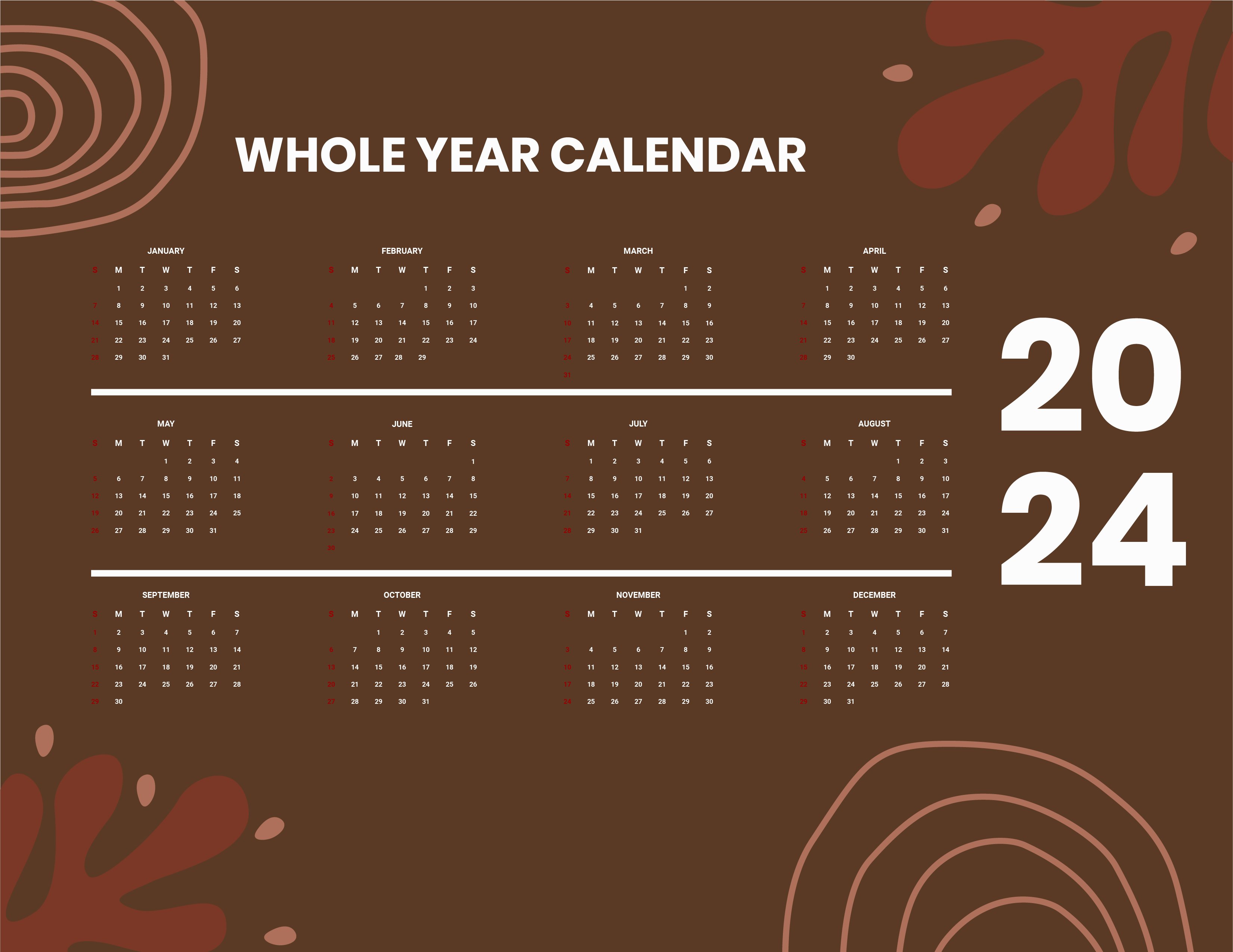 Year 2024 Calendar Download in Word, Google Docs, Illustrator, EPS