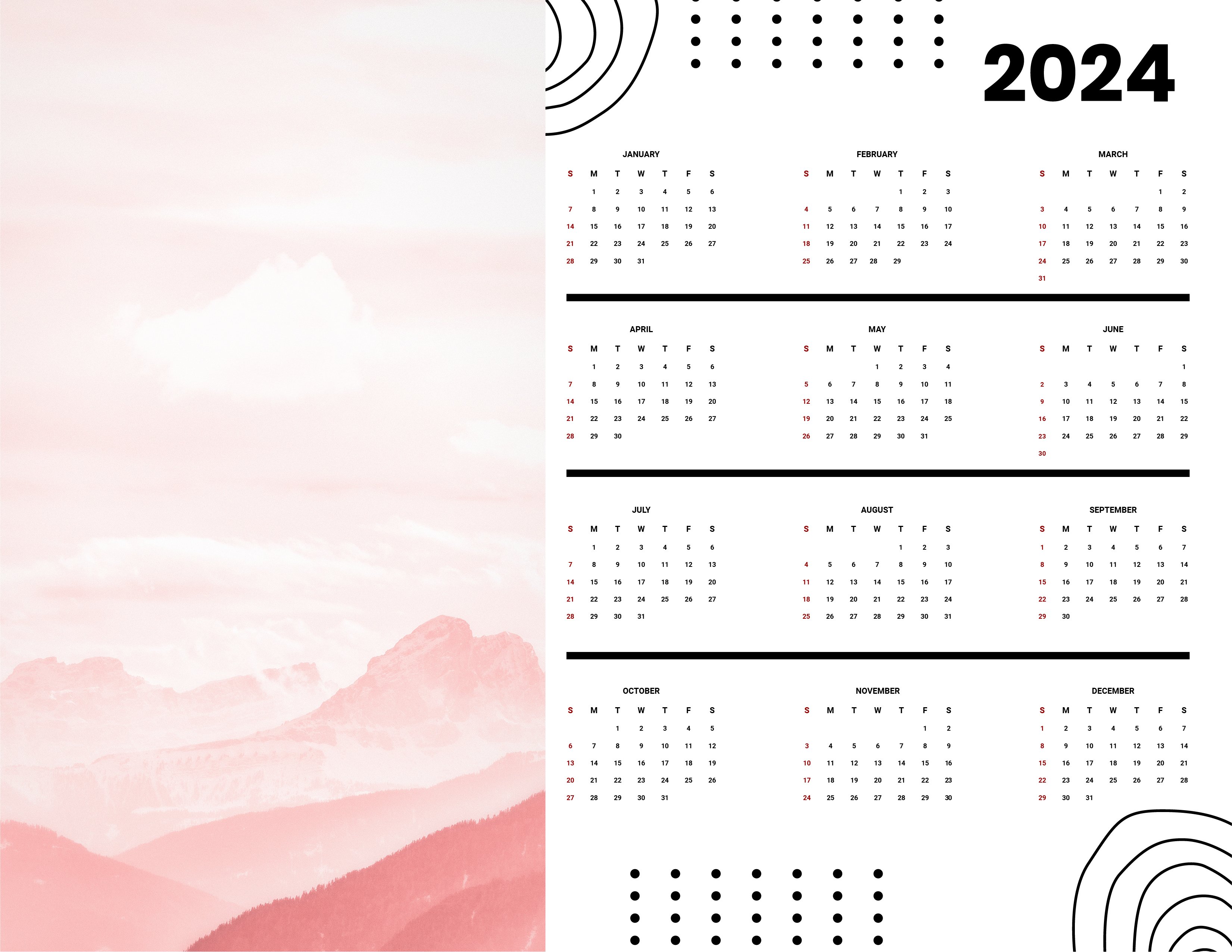 2024 Yearly Calendar Printable Word Cloud Templates Printable 2024