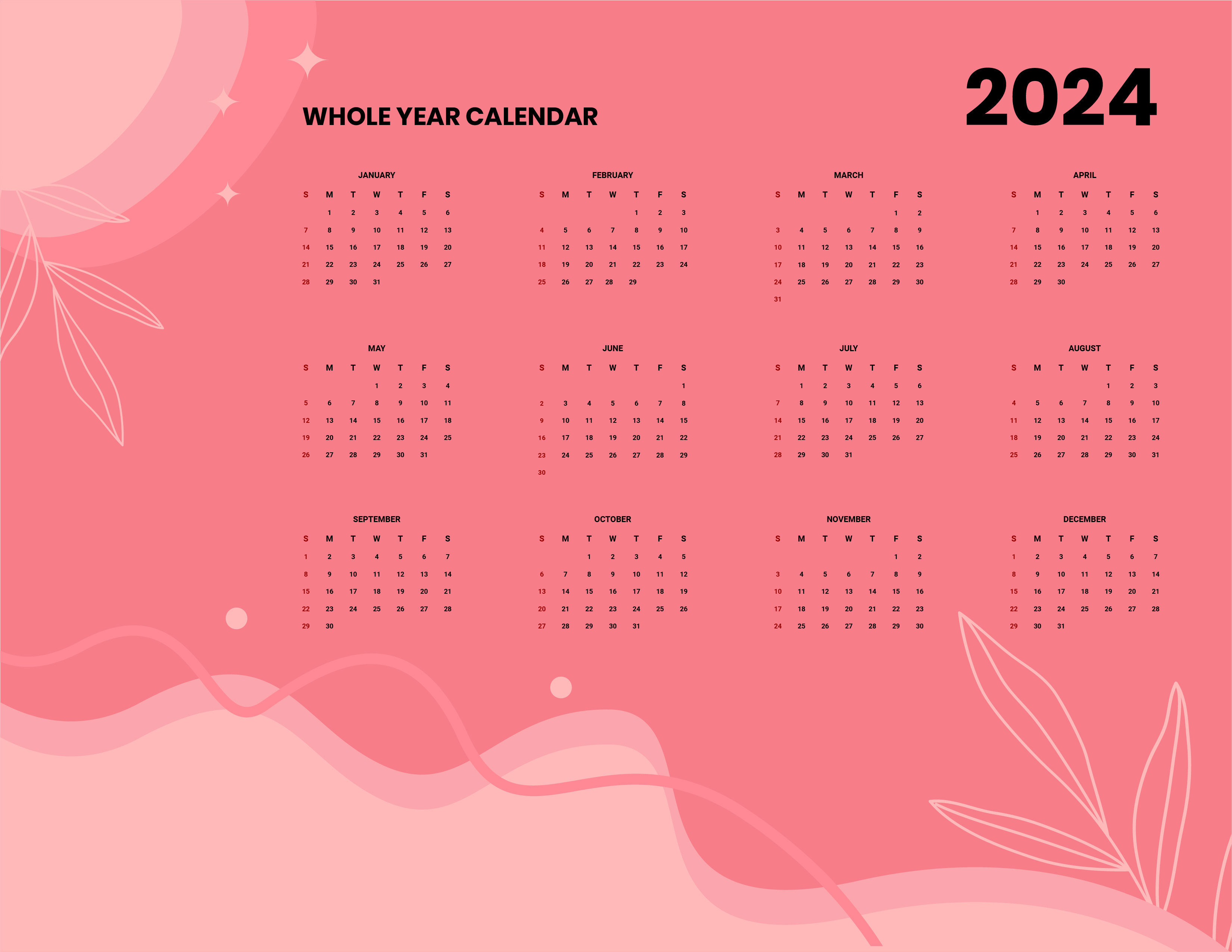 Year 2024 Calendar Download In Word Google Docs Illustrator EPS SVG JPG Template