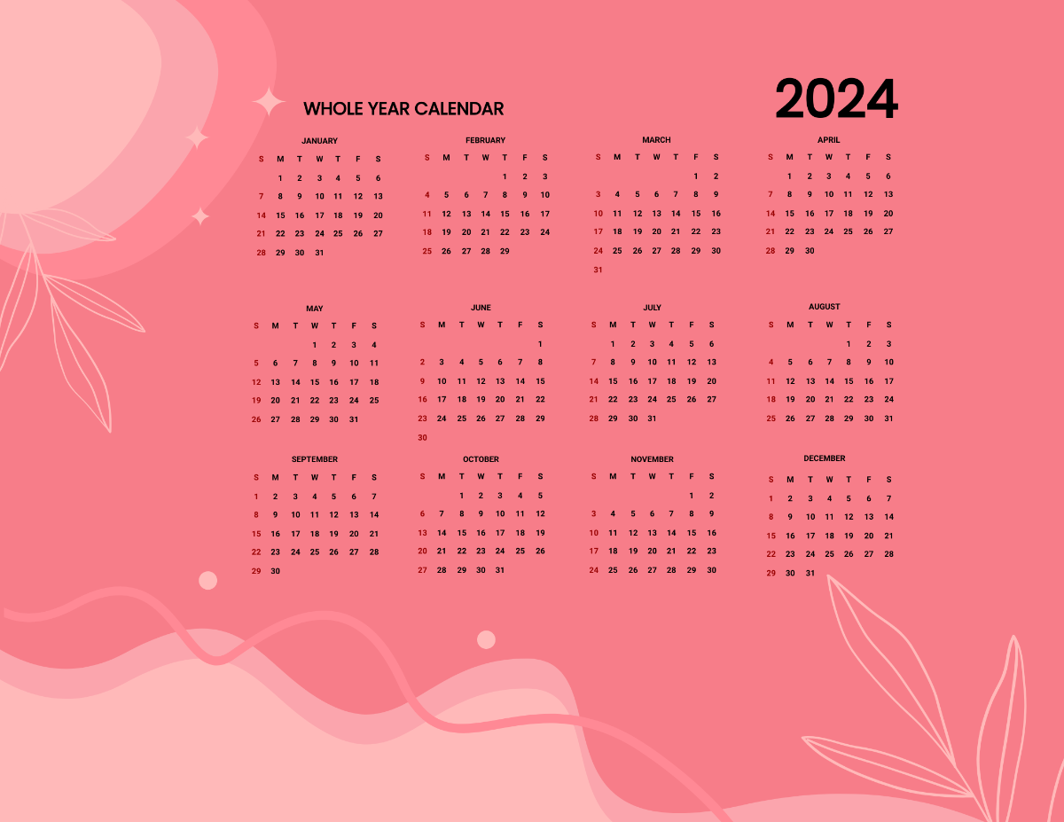 Pink Year 2024 Calendar Template
