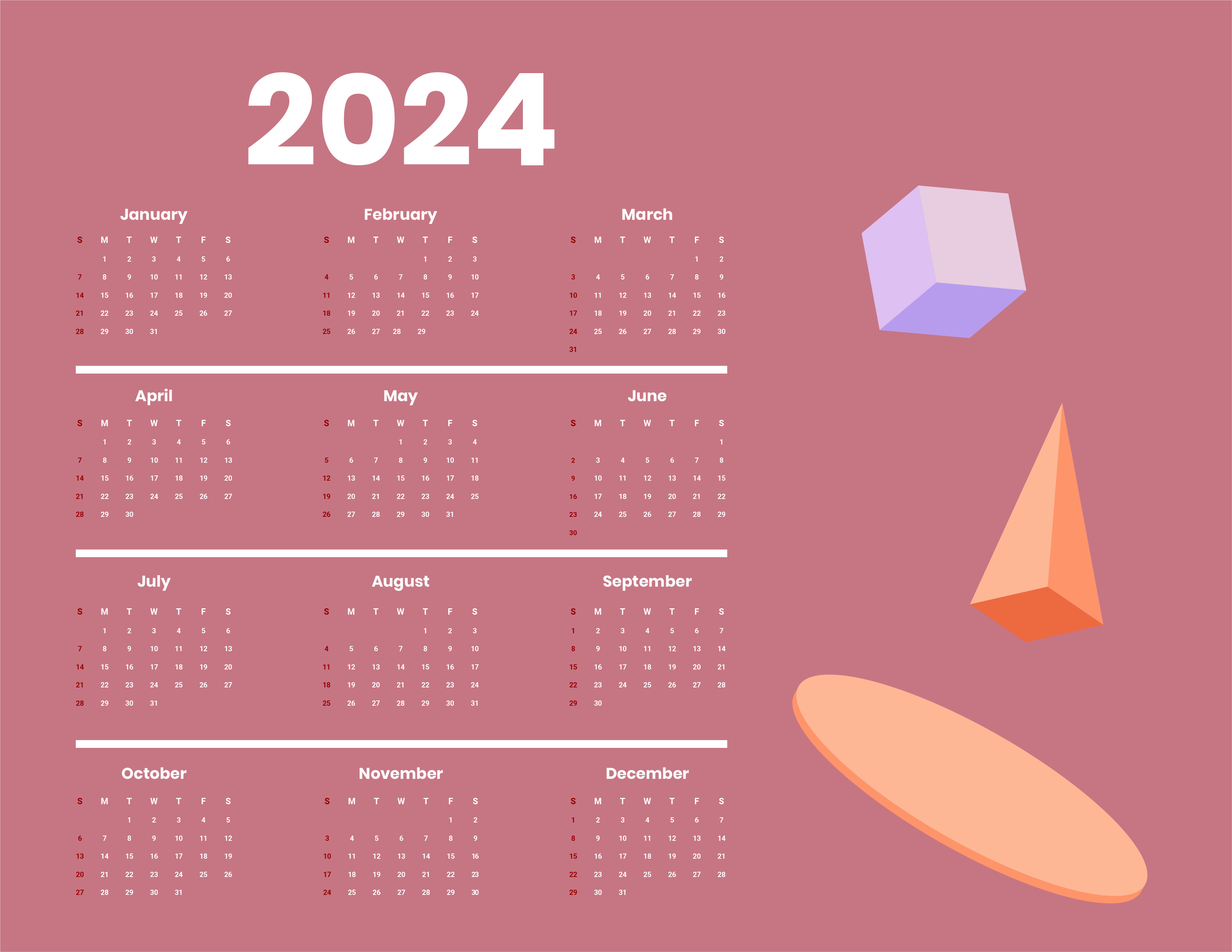 Simple Year 2024 Calendar in EPS, Illustrator, JPG, MS Word, SVG - Download