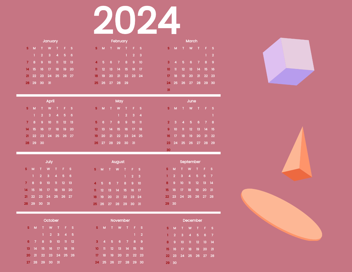Simple Year 2024 Calendar Template