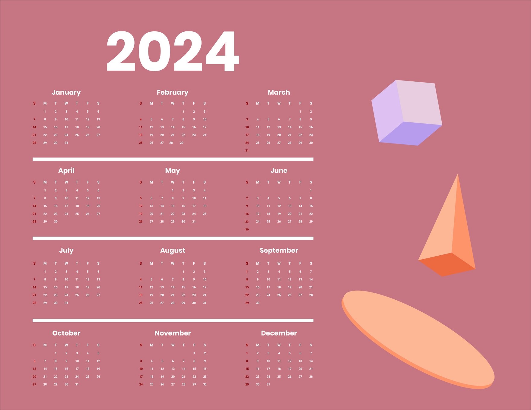 Simple Year 2024 Calendar