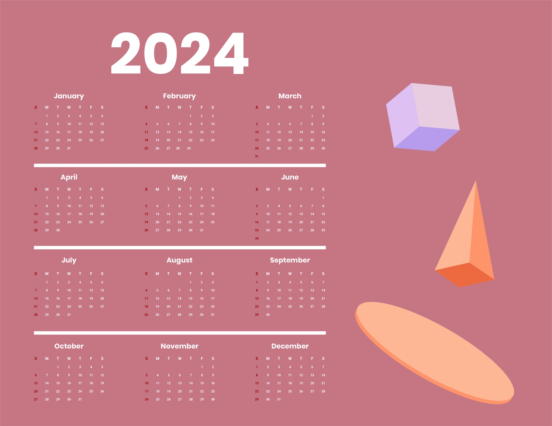 Simple Year 2024 Calendar in EPS, Illustrator, JPG, Word, SVG - Download | Template.net