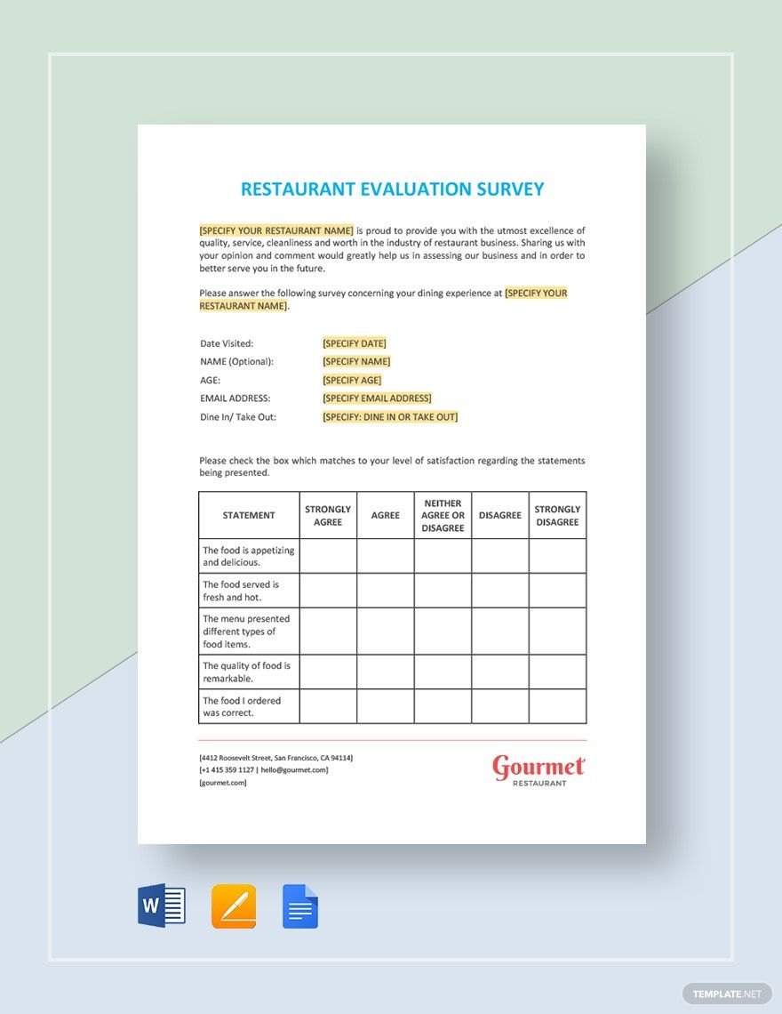 Free Restaurant Evaluation Survey Template