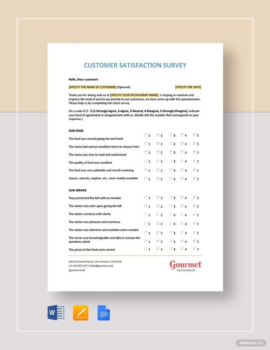 Restaurant Customer Satisfaction Survey Template in Word, Google Docs, Apple Pages