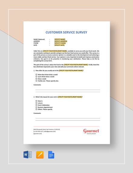 Restaurant Customer Satisfaction Survey Template - Google Docs, Word ...