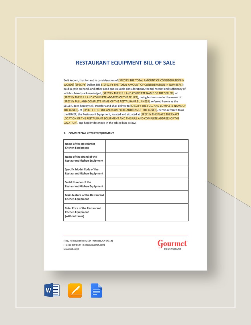 Restaurant Equipment Bill of Sale Template in Word, Google Docs, Apple Pages