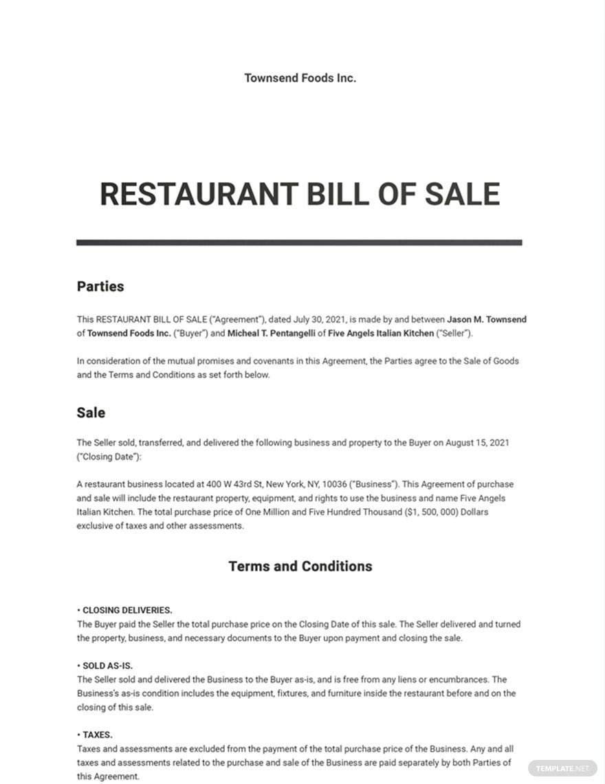 Free Restaurant Bill of Sale Template