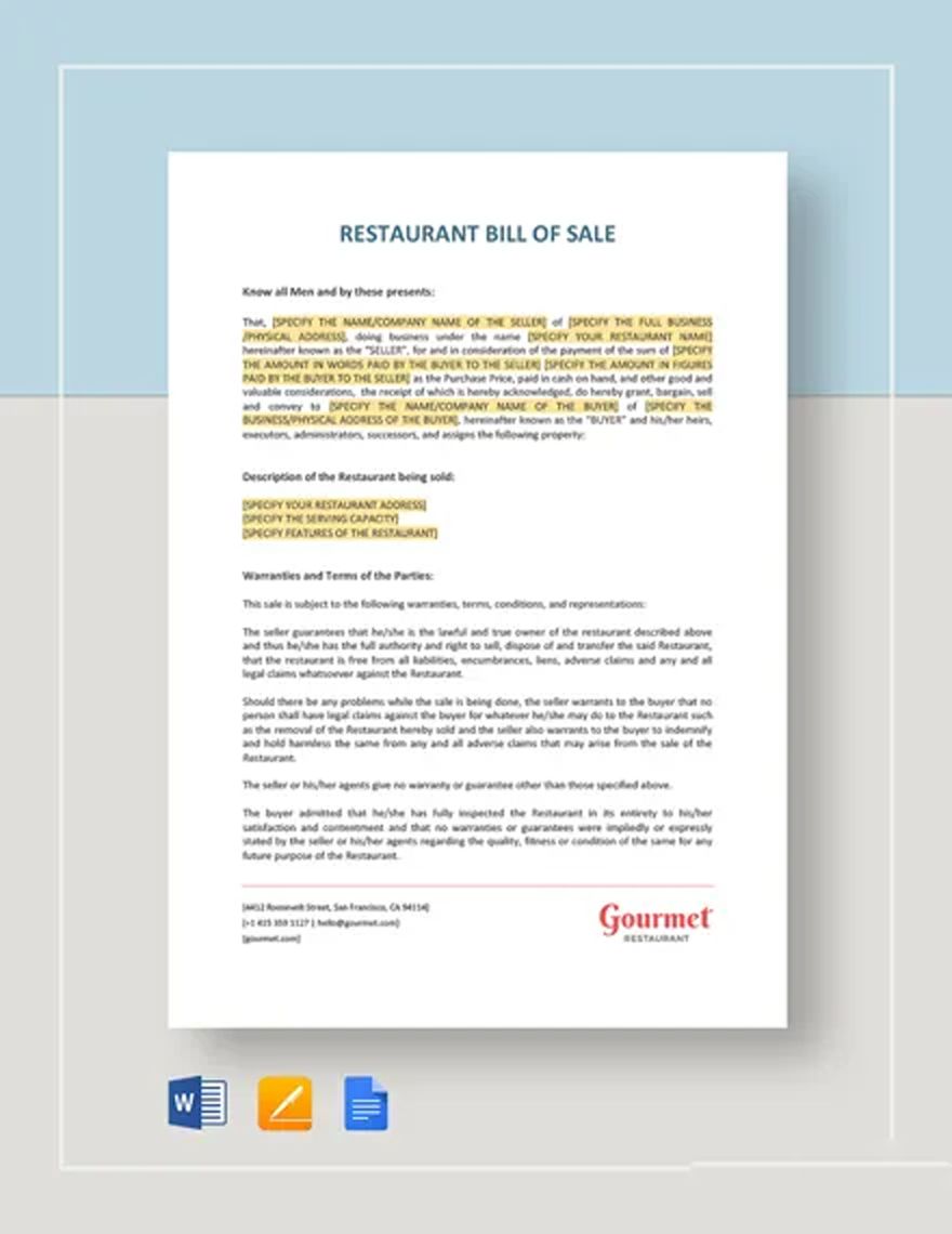 Restaurant Bill of Sale Template