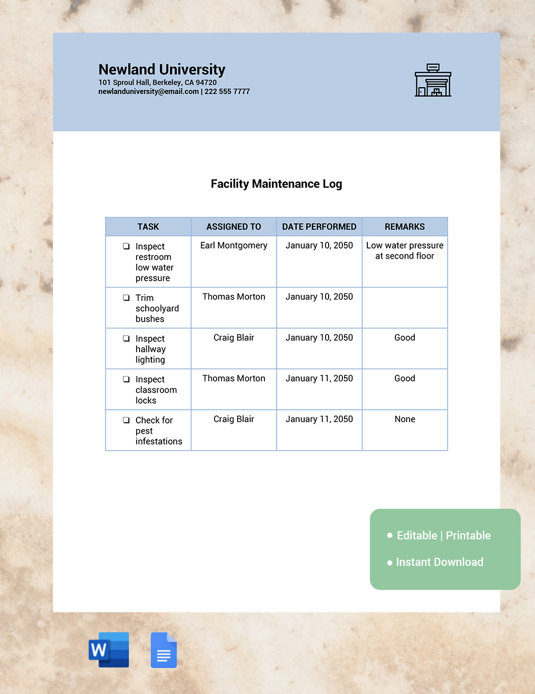 Maintenance Log Templates Documents, Design, Free, Download