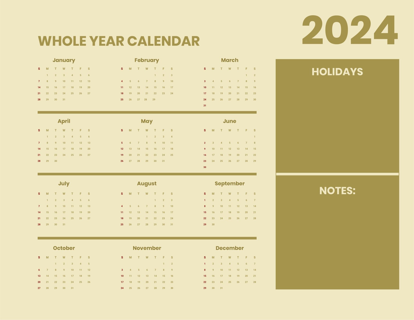 Printable Year 2024 Monthly Calendar 