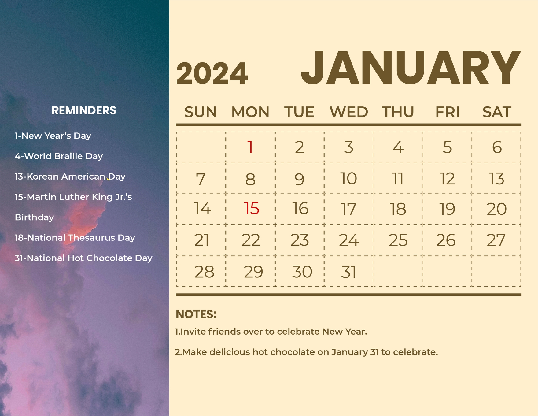 January 2024 Calendar With Holidays