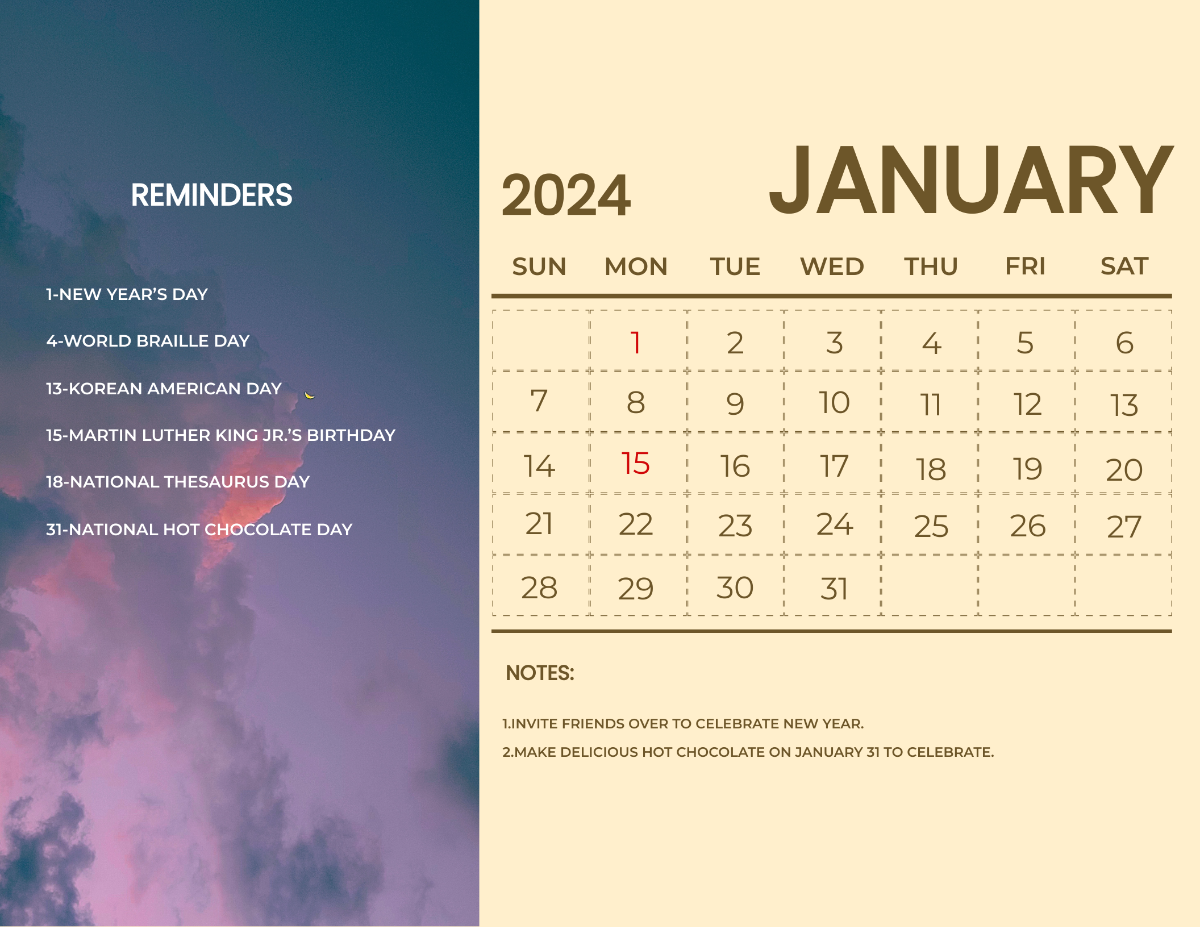January 2024 Calendar With Holidays Template