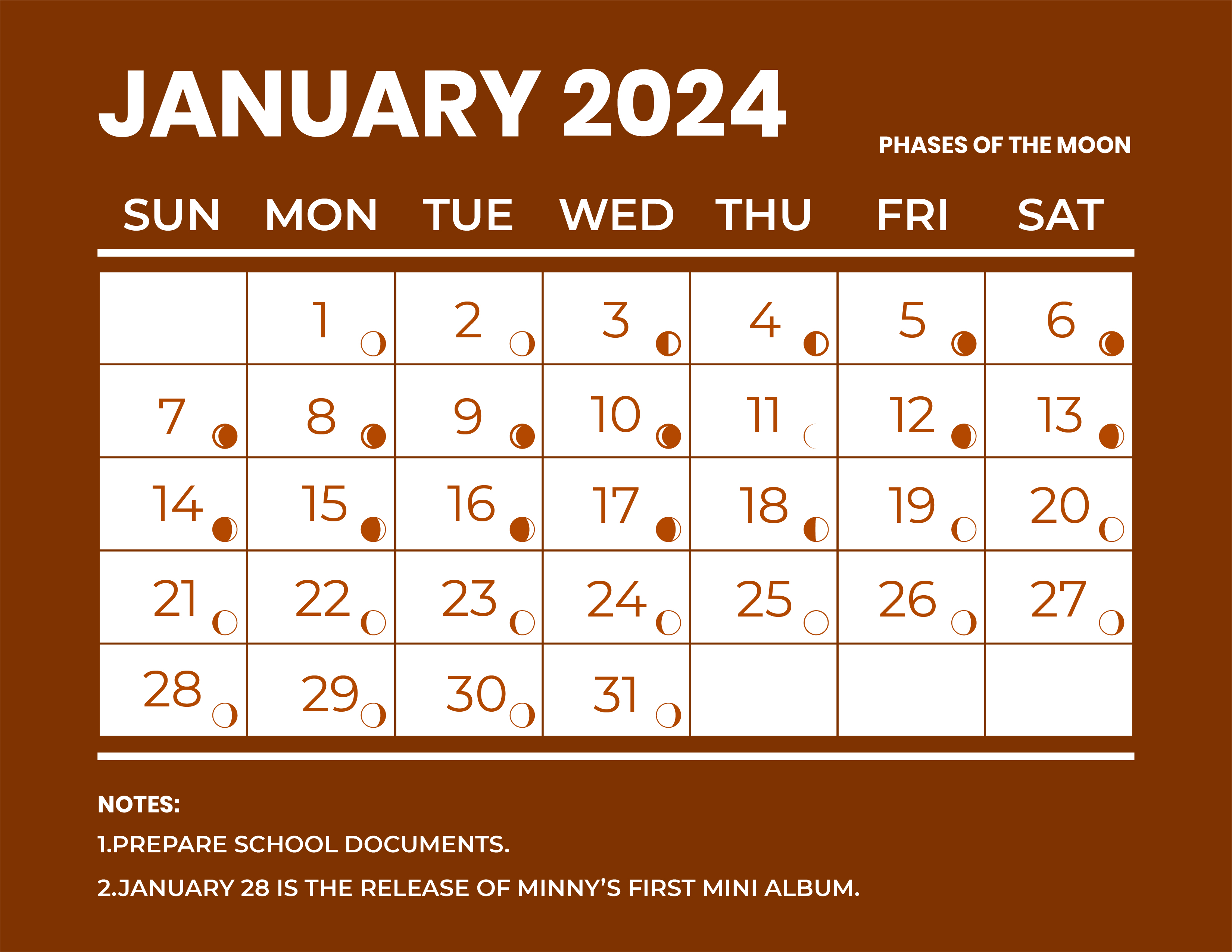 Calendar For January 2024 With Moon Phases January 2024 Calendar