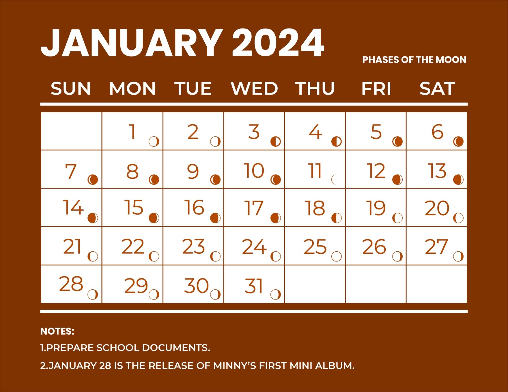 January 2024 Calendar With Moon Phases