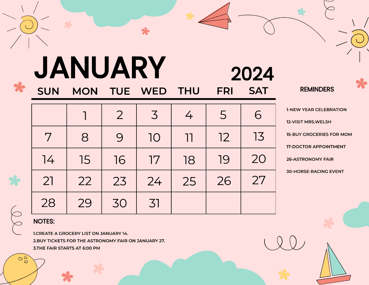 Cute January 2024 Calendar Template
