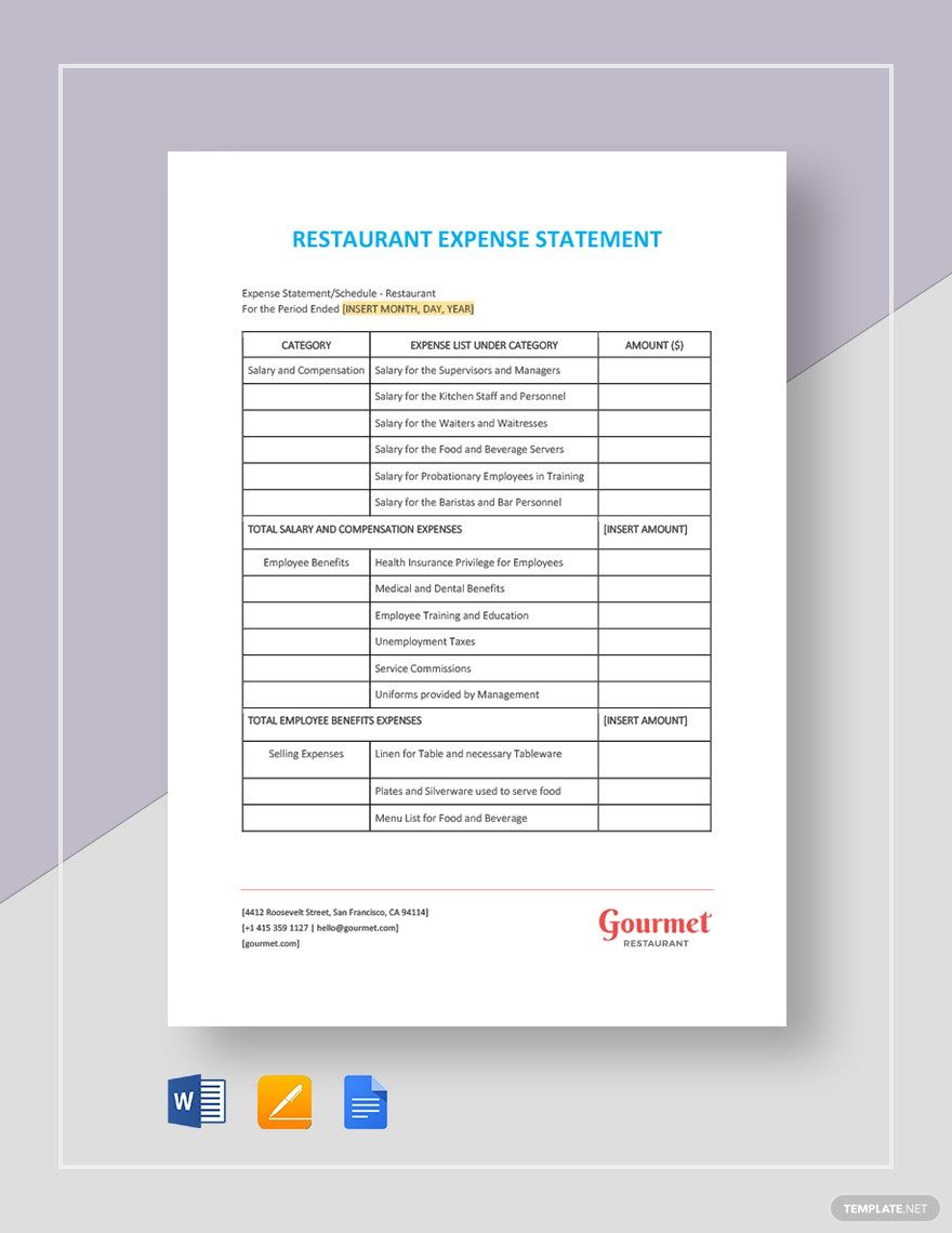 Restaurant Expense Statement Template in Word, Google Docs, Apple Pages