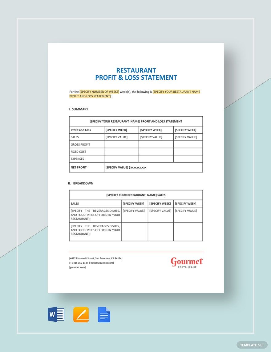 Restaurant Profit and Loss Statement Template