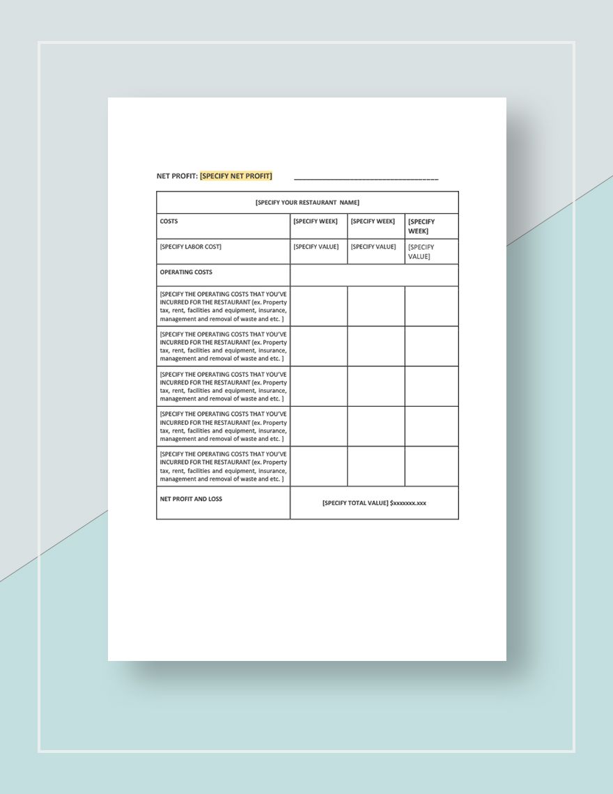 Restaurant Profit and Loss Statement Template