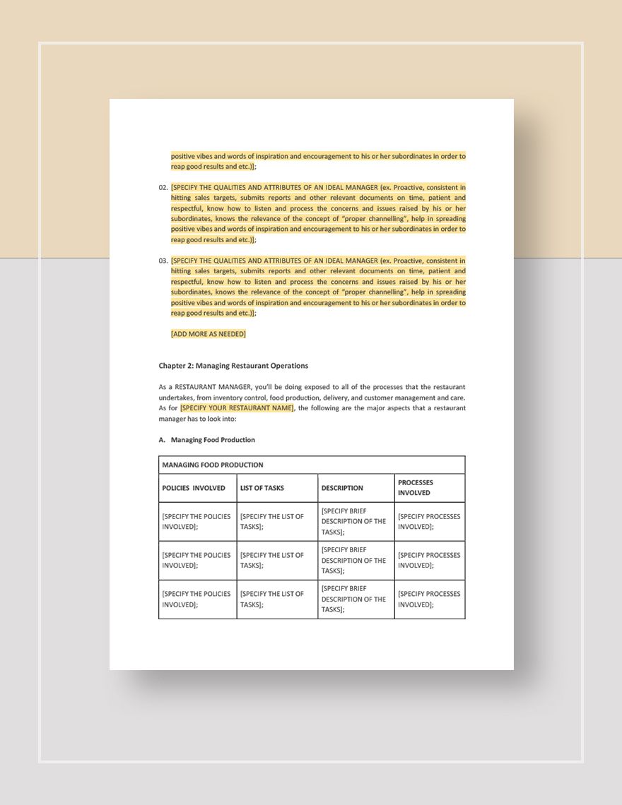 Restaurant Manager Training Manual Template
