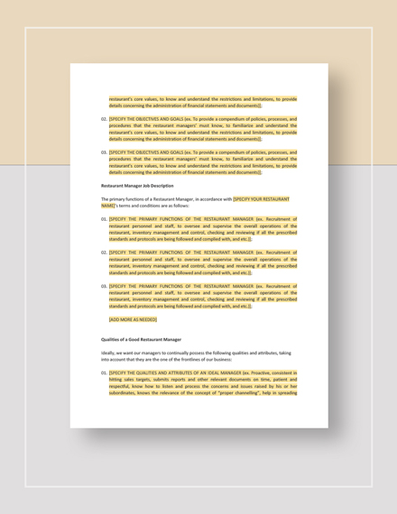 Restaurant Manager Training Manual Template - Google Docs, Word, Apple