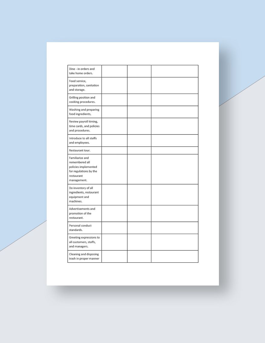 Restaurant Employee Training Checklist Template