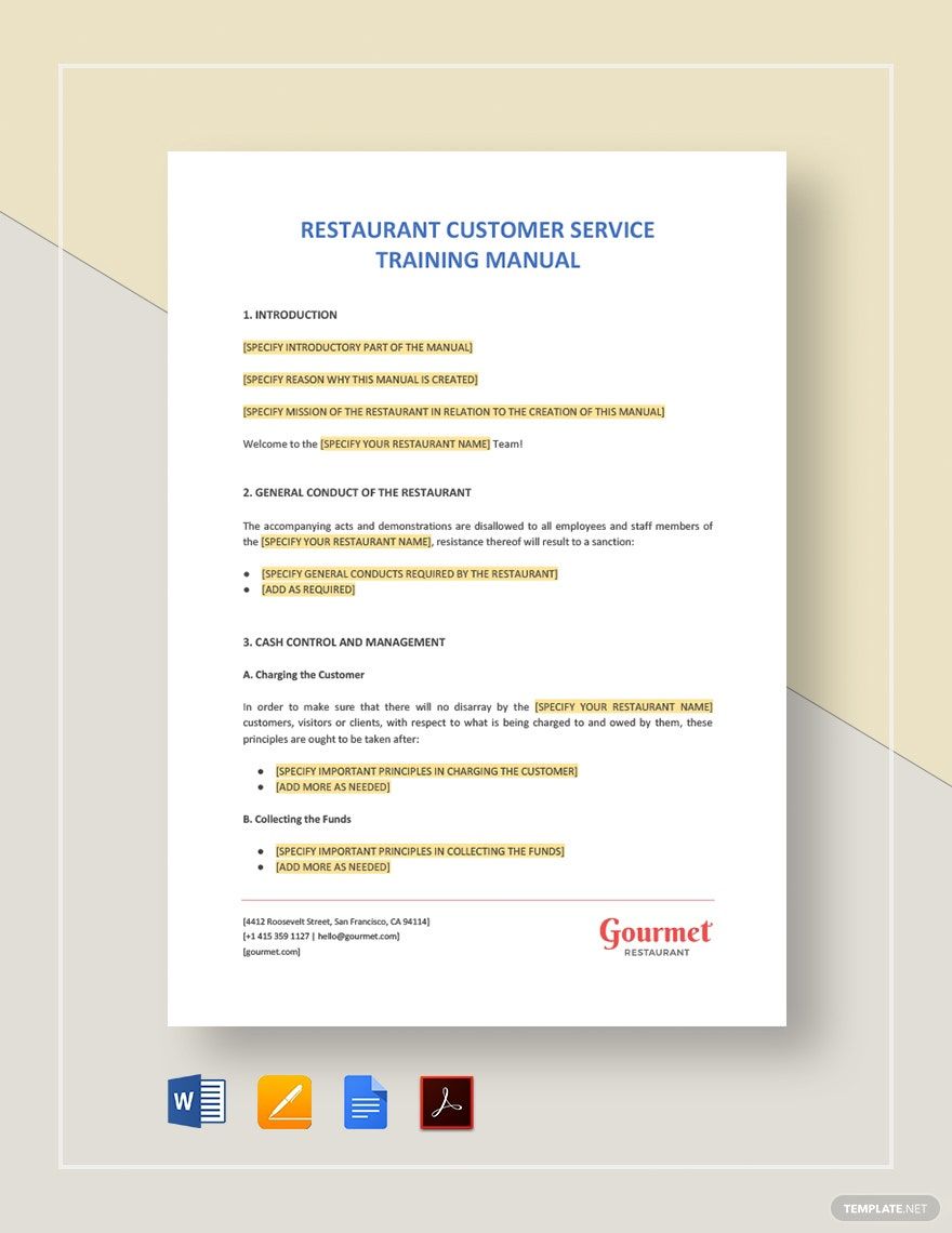 Restaurant Customer Service Training Manual Template
