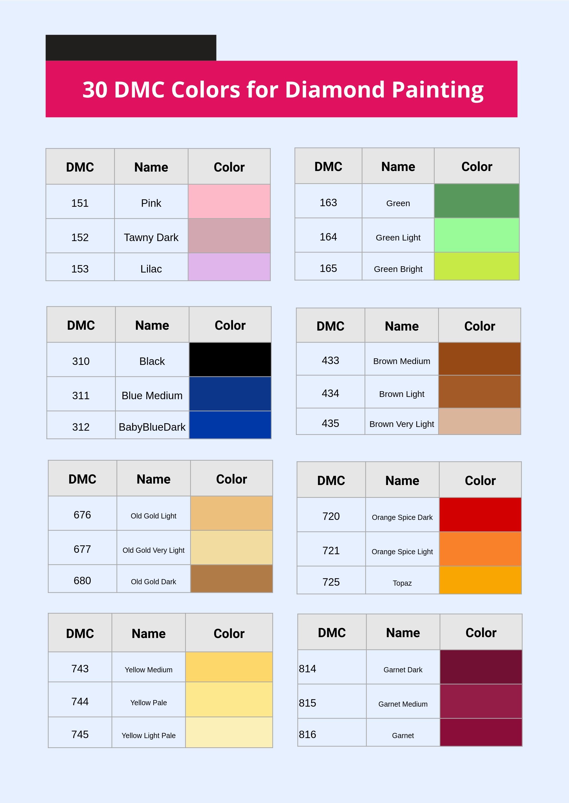 Free Diamond Painting DMC Color Chart - Download in PDF