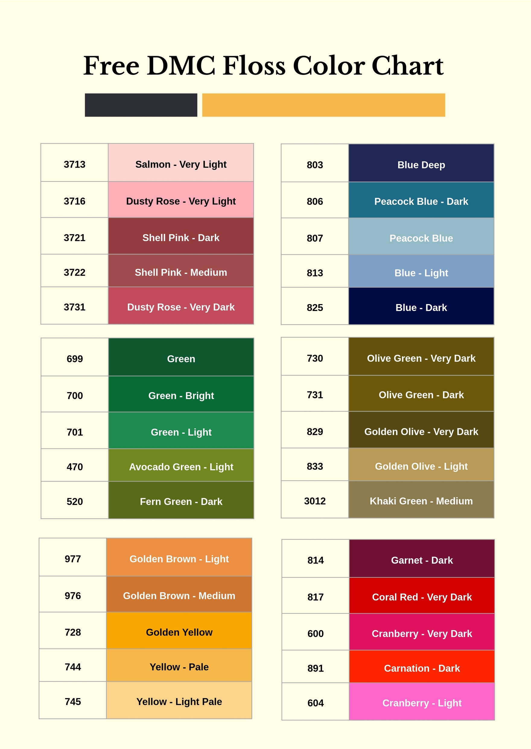 Free DMC Floss Color Chart Download In PDF Illustrator Template