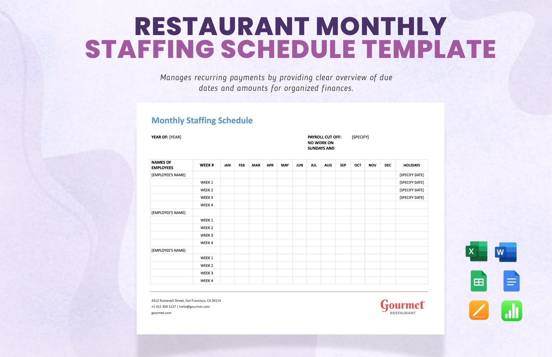 Restaurant Monthly Staffing Schedule Template in Word, Google Docs, Excel, Google Sheets, Apple Pages, Apple Numbers