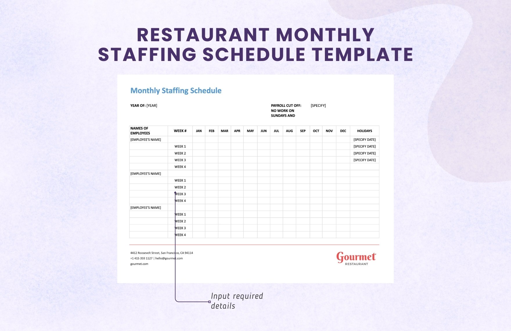 Restaurant Monthly Staffing Schedule Template