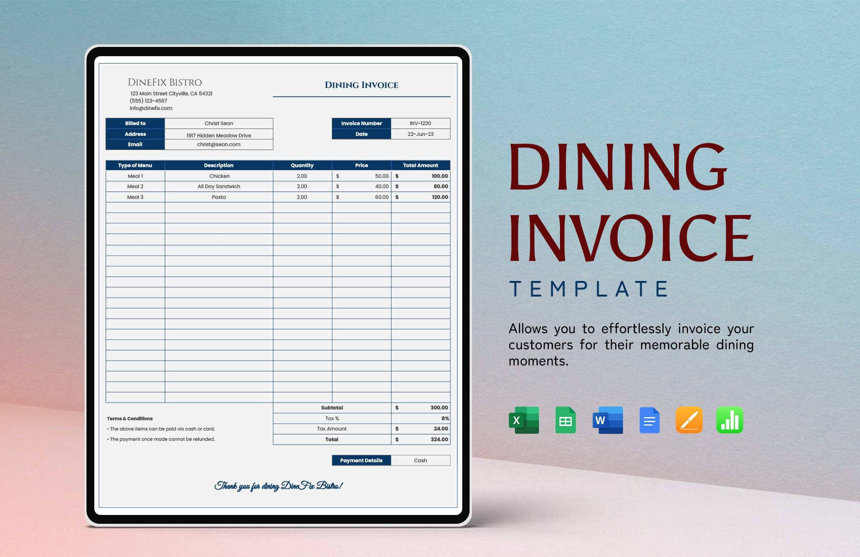 Dining Invoice Template in Word, Google Docs, Excel, Google Sheets, Apple Pages, Apple Numbers