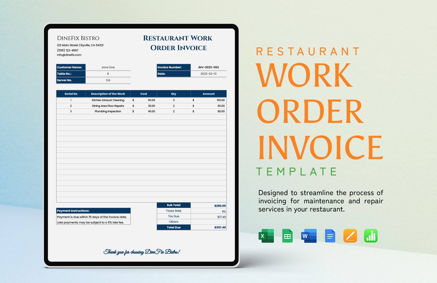 Restaurant Work Order Invoice Template in Word, Google Docs, Excel, Google Sheets, Apple Pages, Apple Numbers