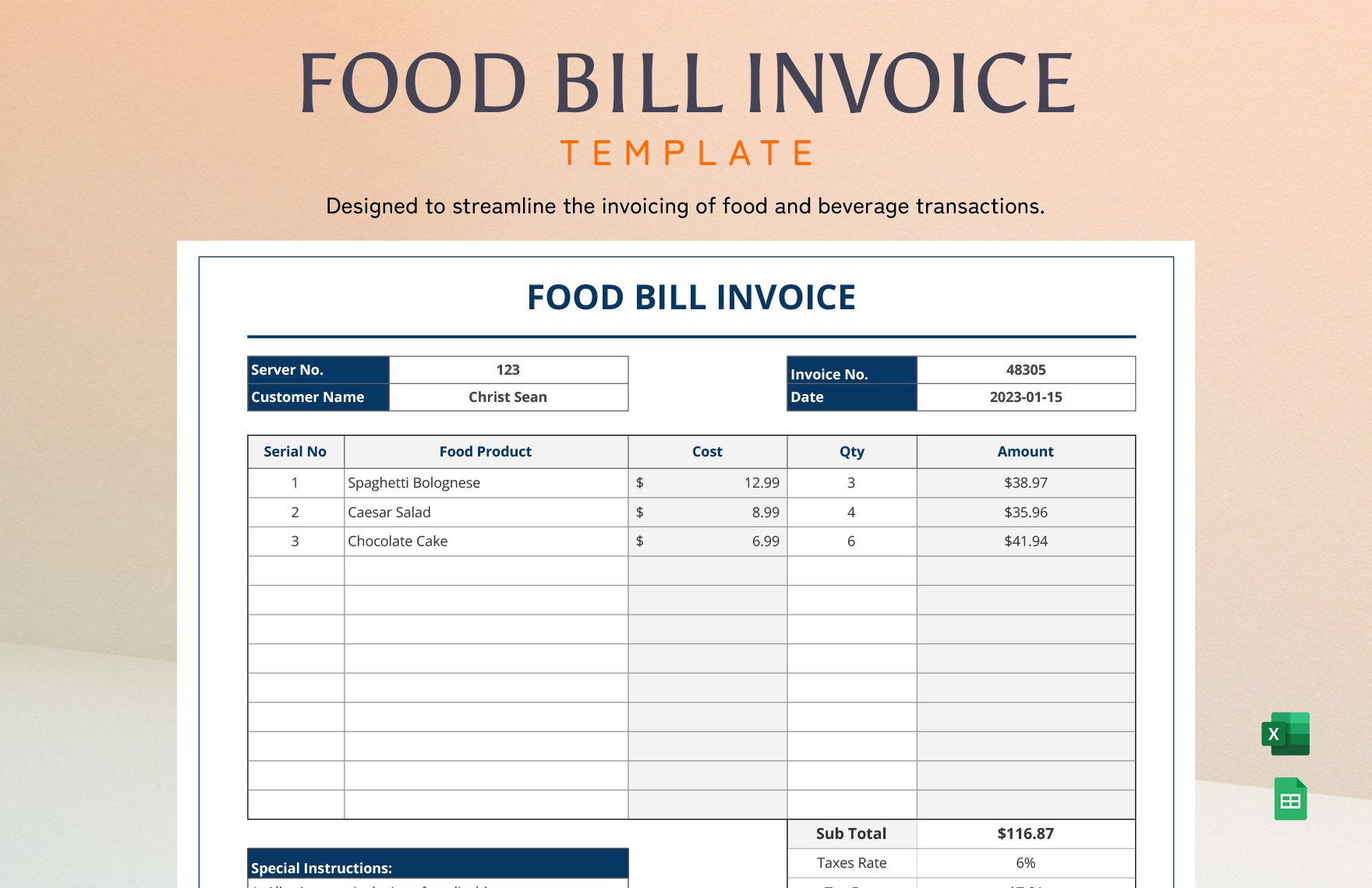 Food Bill Invoice Template