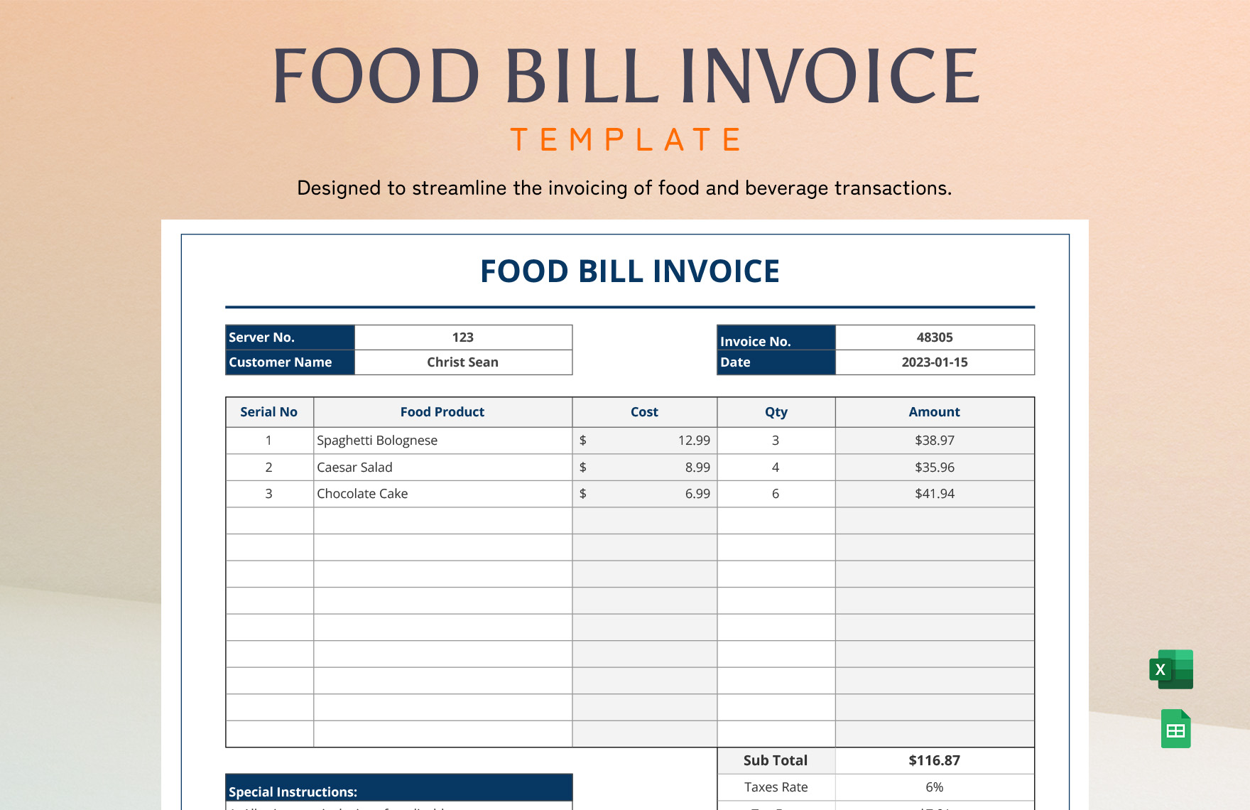 Food Bill Invoice Template in Word, Google Docs, Excel, PDF, Google Sheets, Apple Pages, Apple Numbers